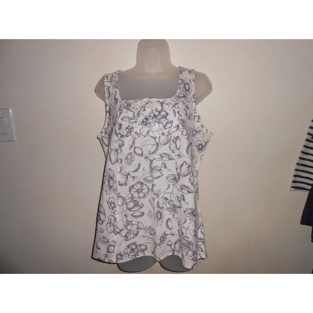 GAP Women's Square Neck Linen Cotton Tank Ruffle Bib Size L White Grey Floral
